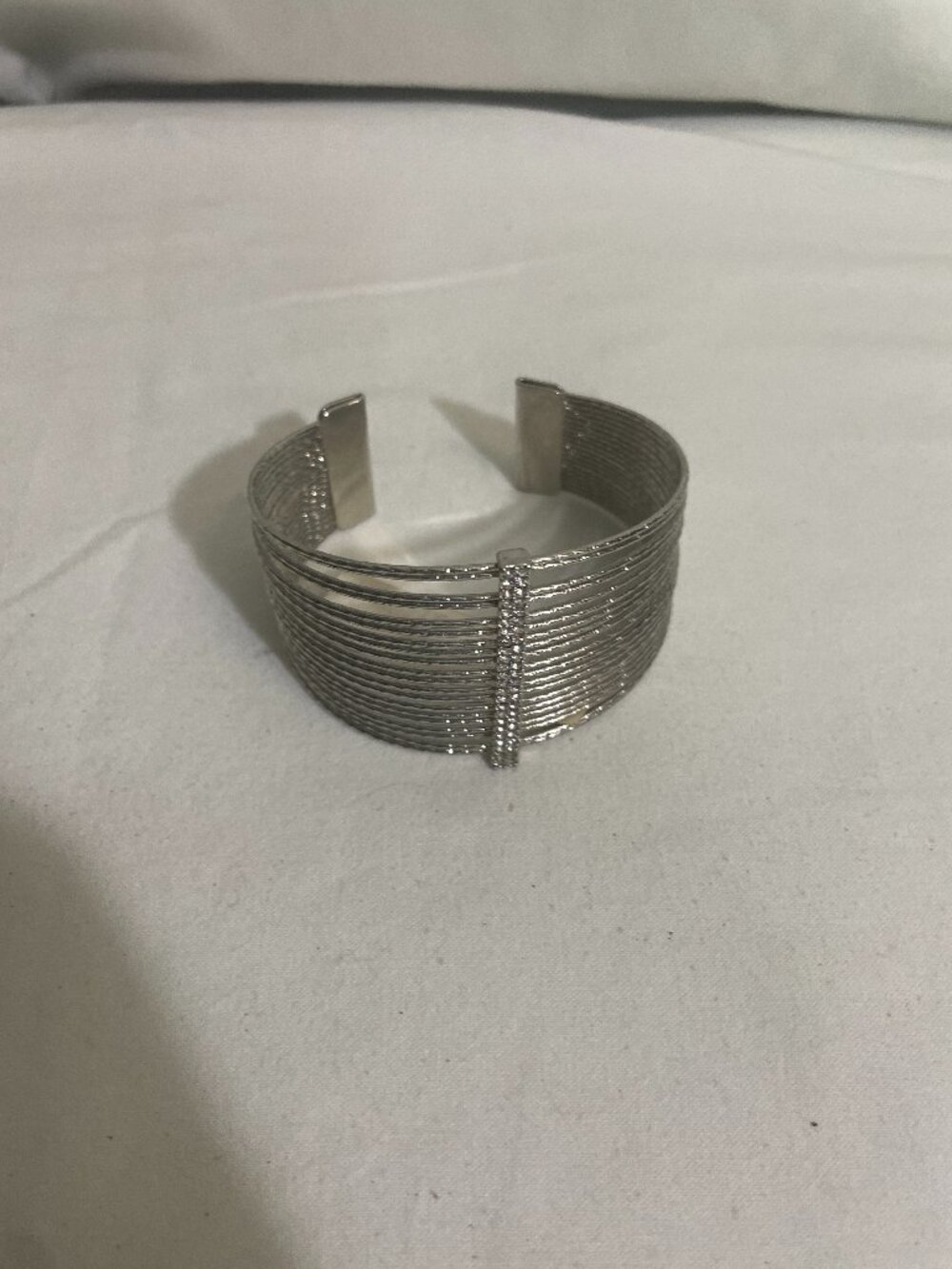 Silver Tone Multi Strand Wire Cuff Bracelet Rhinestone Bar Open Cuff Statement